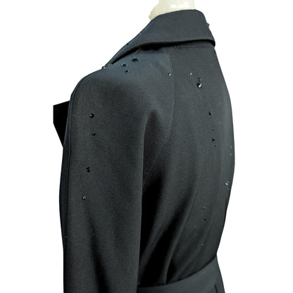Vintage Black Wool Trench Coat with Austrian Crystal Details
