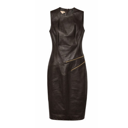 Michael Kors Chocolate Brown 100% Genuine Leather Midi Dress Gold Zips
