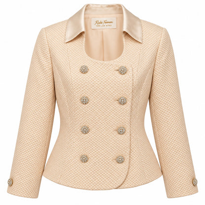 Cream Textured Rhinestone Button Jacket Blazer