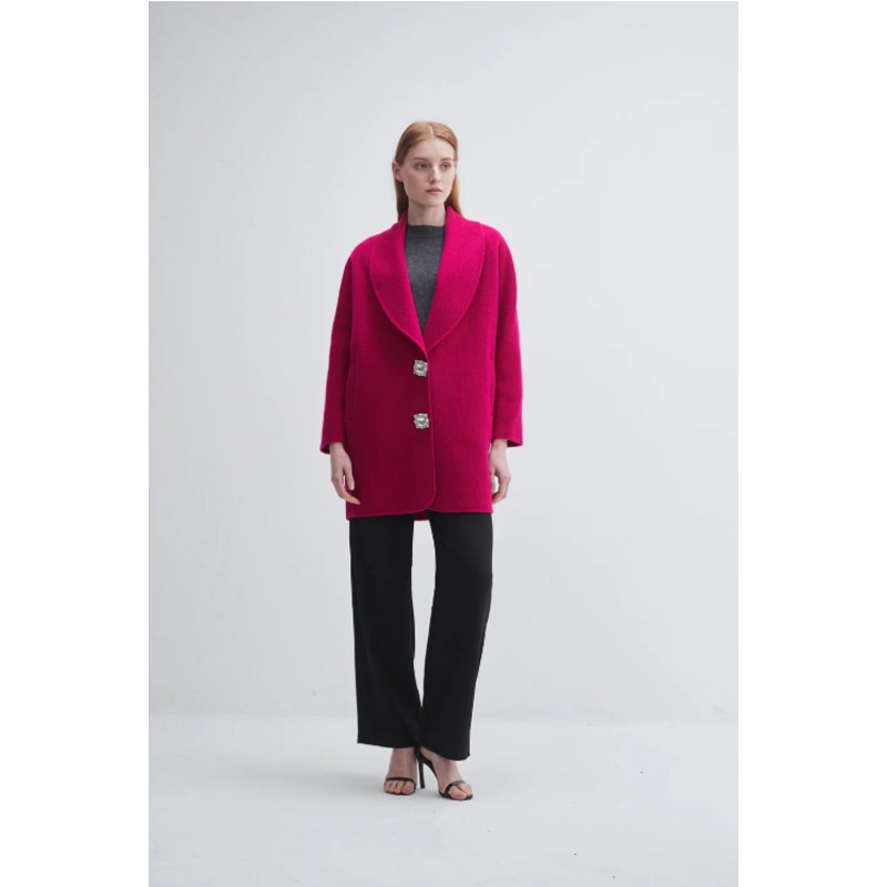 Magenta Merino Wool Cashmere Walking Coat with Crystal Buttons NWT