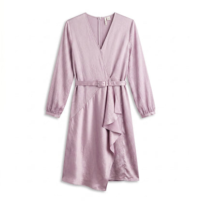 100% Silk Lewit Lilac Crinkle  Midi Dress | V-Neck Blouson Sleeves | Buckle Belt