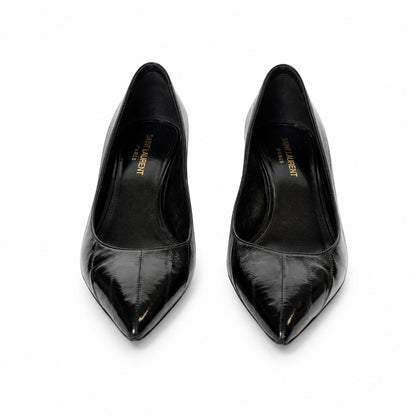 100% Genuine Eel Skin Saint Laurent Paris Black Kitten Heel Pumps Size 38.5 / US 8