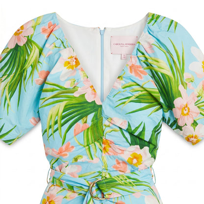 Carolina Herrera Blue Tropical Floral Mini Dress | Puff Sleeves | Belted | 100% Cotton | Italy