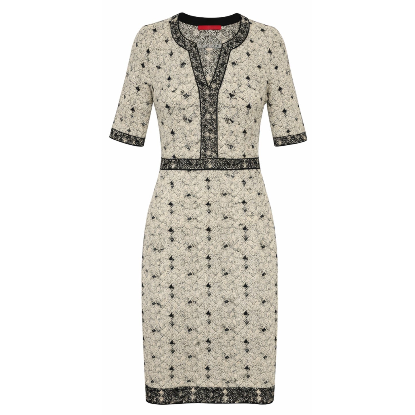 Carolina Herrera Ivory & Black Jacquard Sheath Dress Elbow Sleeve