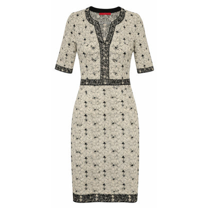Carolina Herrera Ivory & Black Jacquard Sheath Dress Elbow Sleeve