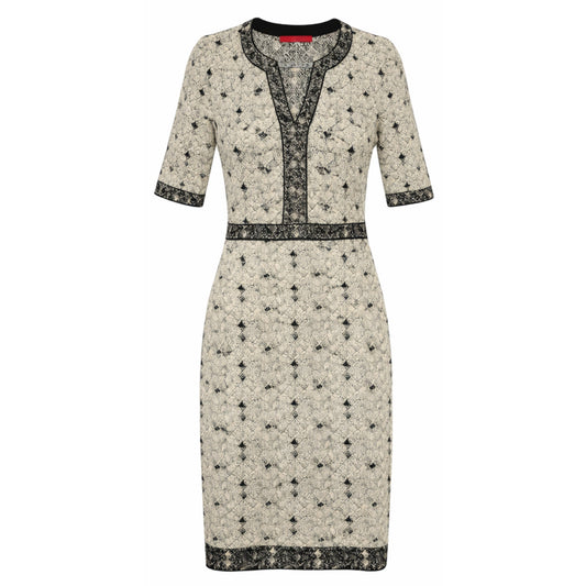 Carolina Herrera Ivory & Black Jacquard Sheath Dress Elbow Sleeve