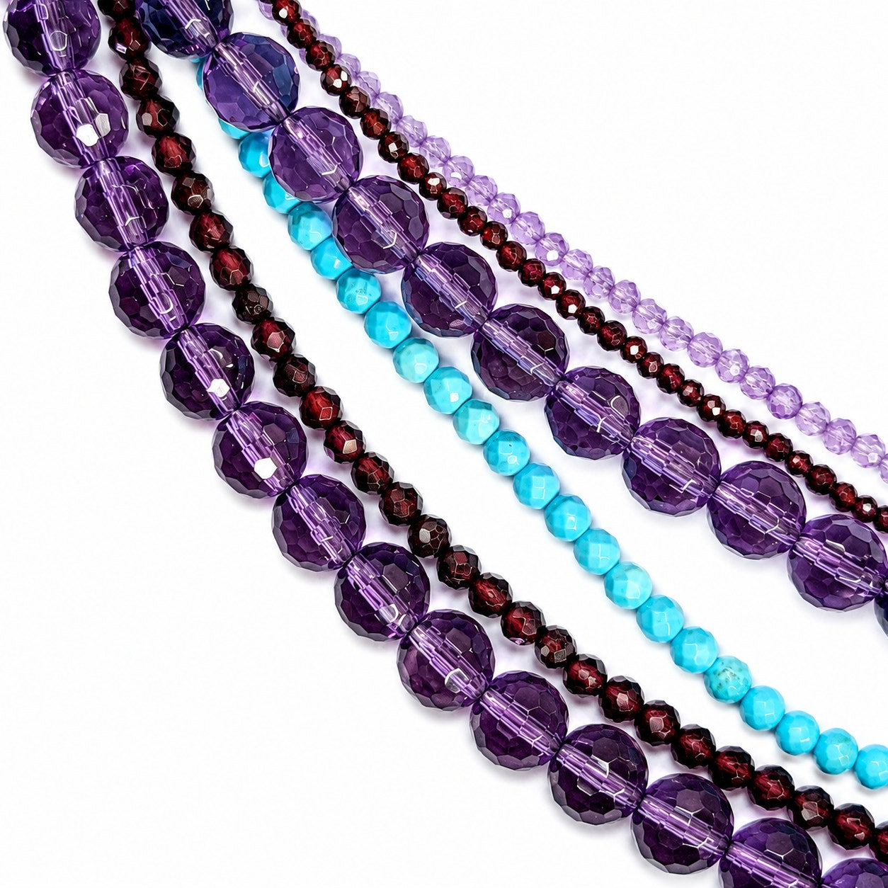 Artisan 6 Strand Garnet Amethyst Turquoise Necklace Sterling Silver Adjustable