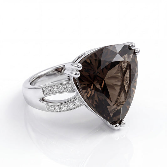 Smoky Quartz Statement Ring 925 Sterling Silver Size 5 Trillion Cut CZ Accent Ring
