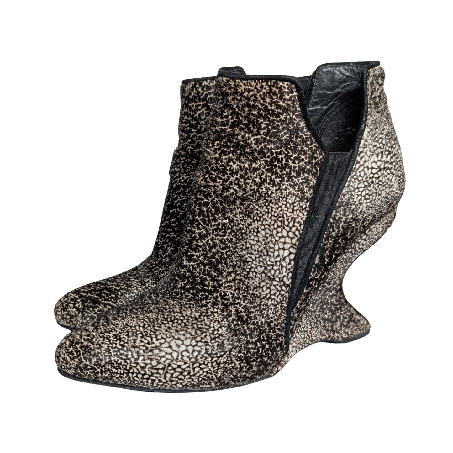 Stuart Weitzman Calf Hair Wedge Booties Sculptural Heel