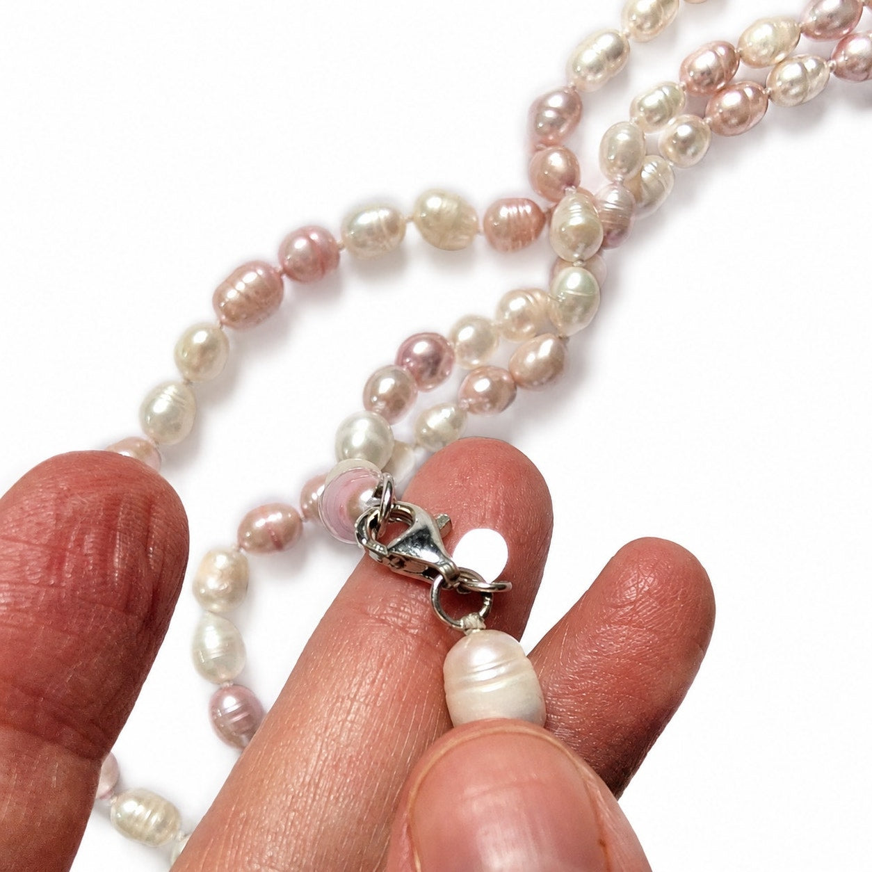 64" Cultured Baroque Pearl Necklace White & Pink 925 Silver Clasp