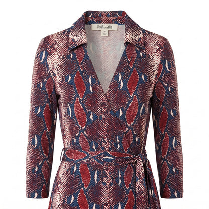 100% Silk DVF Diane Von Furstenberg Python Snake Print Wrap Dress in Burgundy