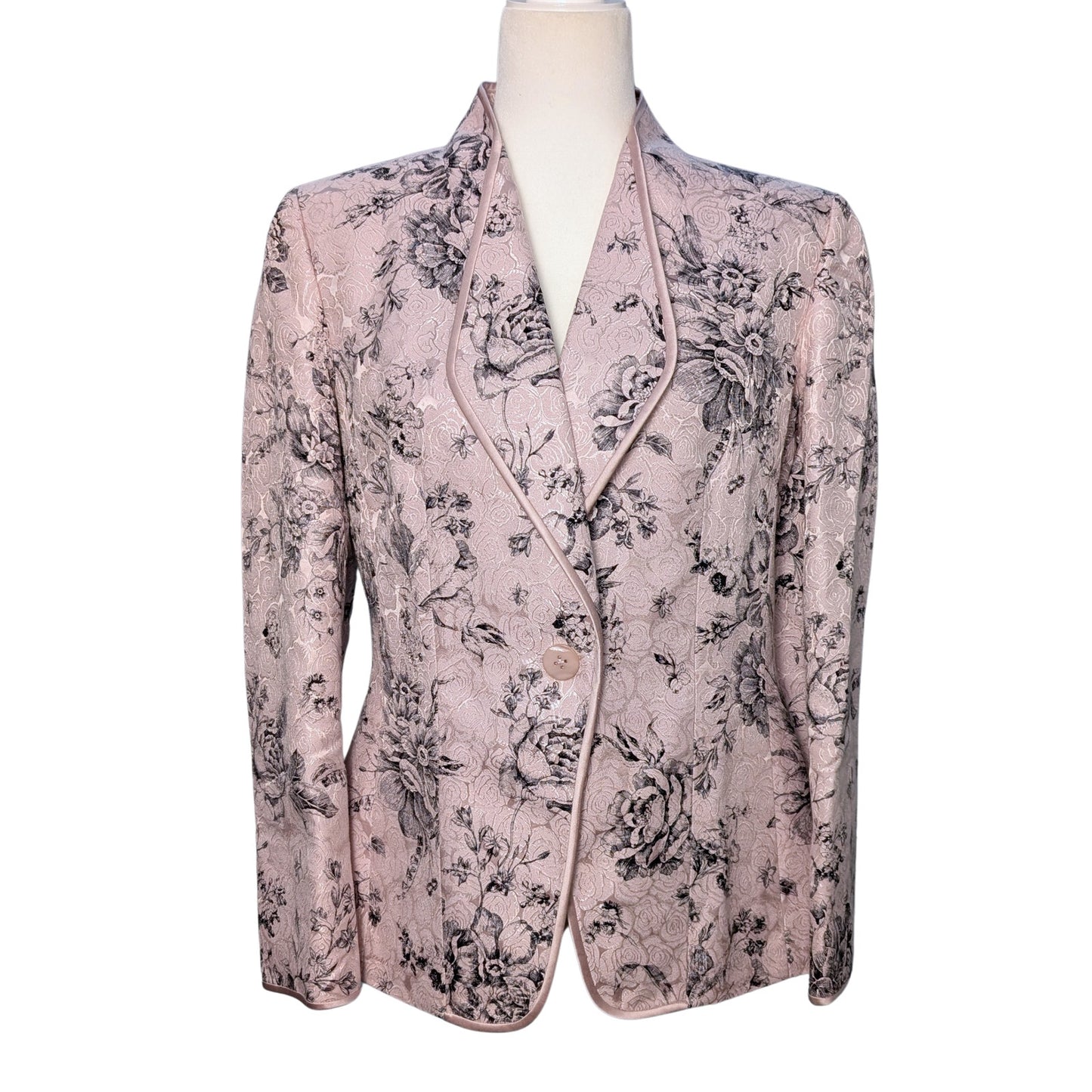 blazer, open blazer, pink, floral, black flowers, black and pink, light pink, satin, shimmery, shiny, festive, classy, classic, suit jacket, party