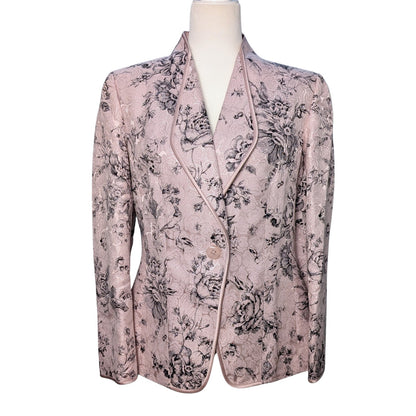 blazer, open blazer, pink, floral, black flowers, black and pink, light pink, satin, shimmery, shiny, festive, classy, classic, suit jacket, party