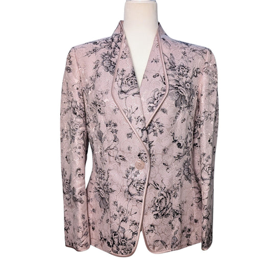 blazer, open blazer, pink, floral, black flowers, black and pink, light pink, satin, shimmery, shiny, festive, classy, classic, suit jacket, party