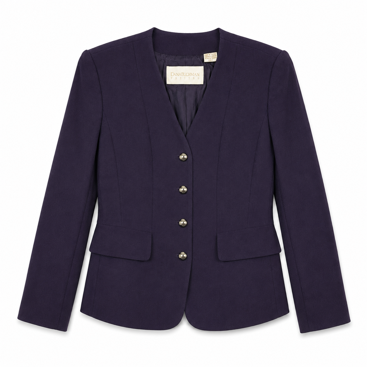 100% Wool Dana Buchman Petites 4P Purple Structured Collarless Blazer