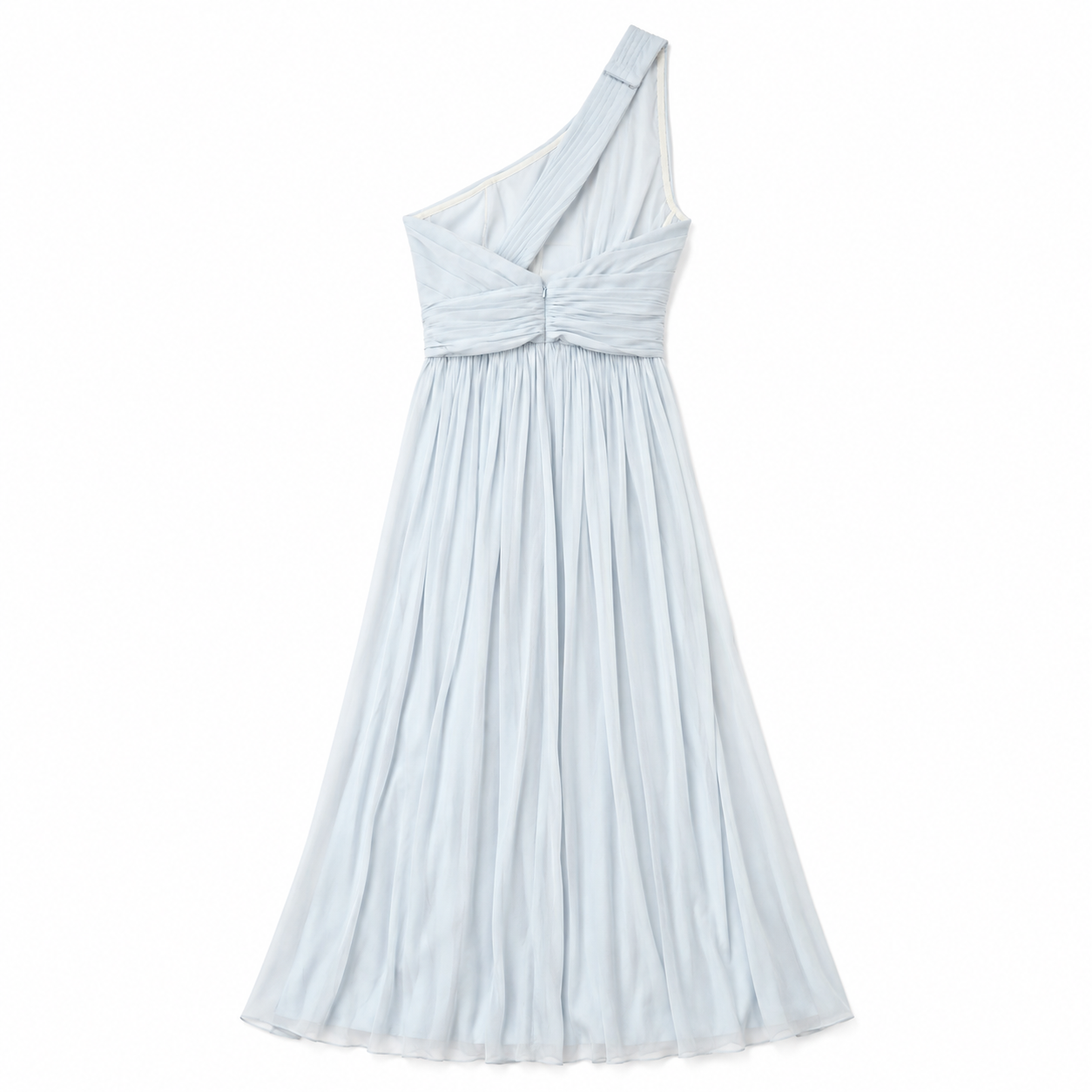100% Silk  Pamella Roland Ice Blue One-Shoulder Pleated Chiffon Gown | Boned Bodice | Formal