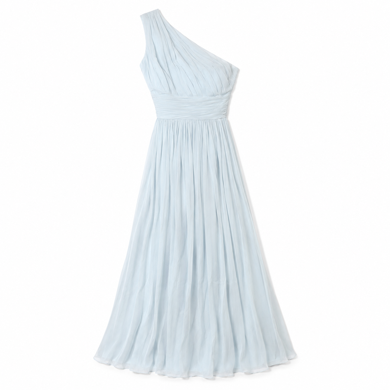 100% Silk  Pamella Roland Ice Blue One-Shoulder Pleated Chiffon Gown | Boned Bodice | Formal