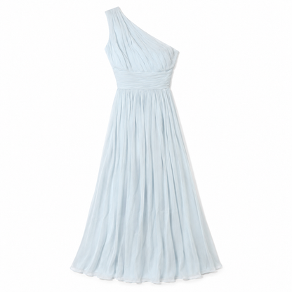 100% Silk  Pamella Roland Ice Blue One-Shoulder Pleated Chiffon Gown | Boned Bodice | Formal