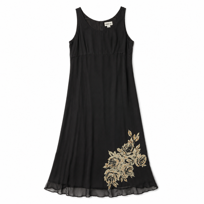 100% Silk Robbie Bee Black Maxi Dress | Gold Rose Embroidery | Size 14