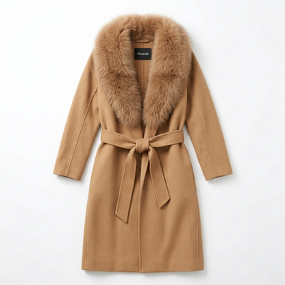 Pissenlit Camel Wool Cashmere Wrap Coat with Fox Fur Collar