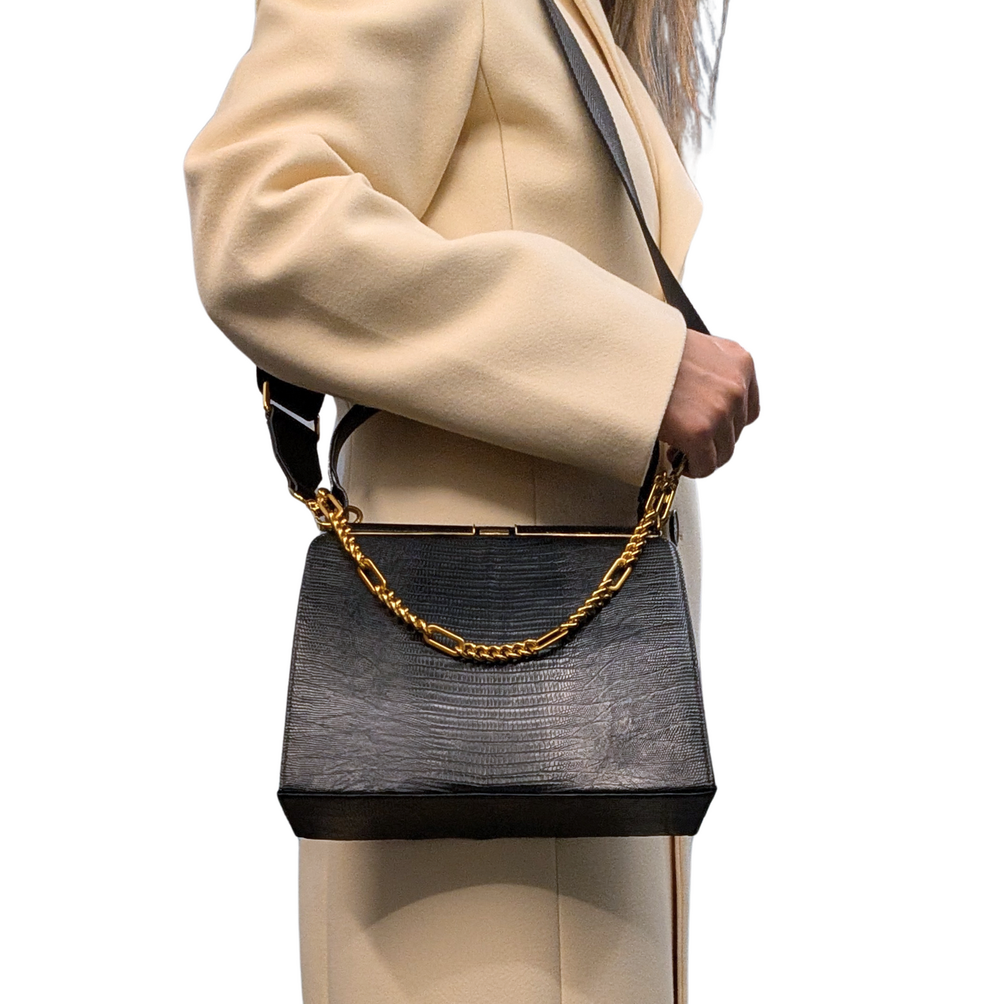 100%  Genuine Lizard Skin Bellestone Vintage Handbag Black Leather Top Handle Purse Upgraded Crossbody