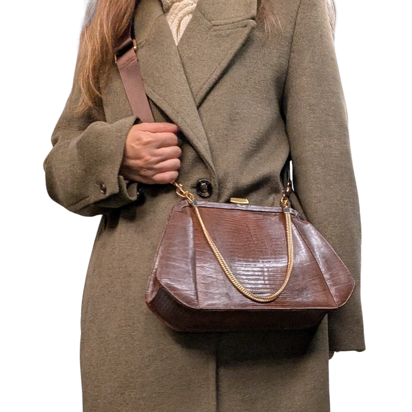 Vintage Palizzio Genuine Lizard Leather Convertible Clutch Shoulder Bag Auburn Brown