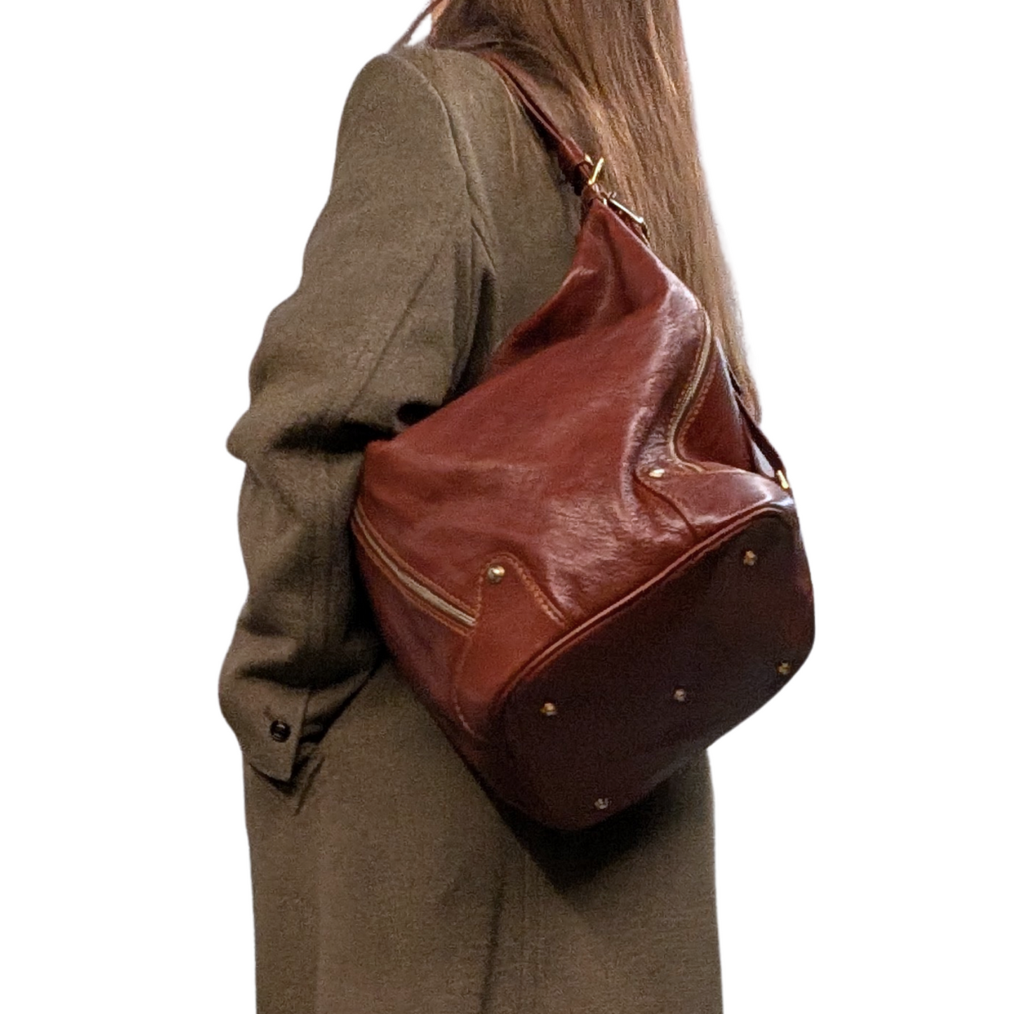 Marino Orlandi Cognac Brown Leather Convertible Backpack Shoulder Bag Made in Italy