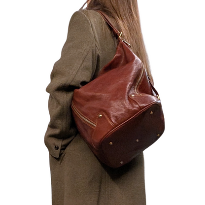 Marino Orlandi Cognac Brown Leather Convertible Backpack Shoulder Bag Made in Italy