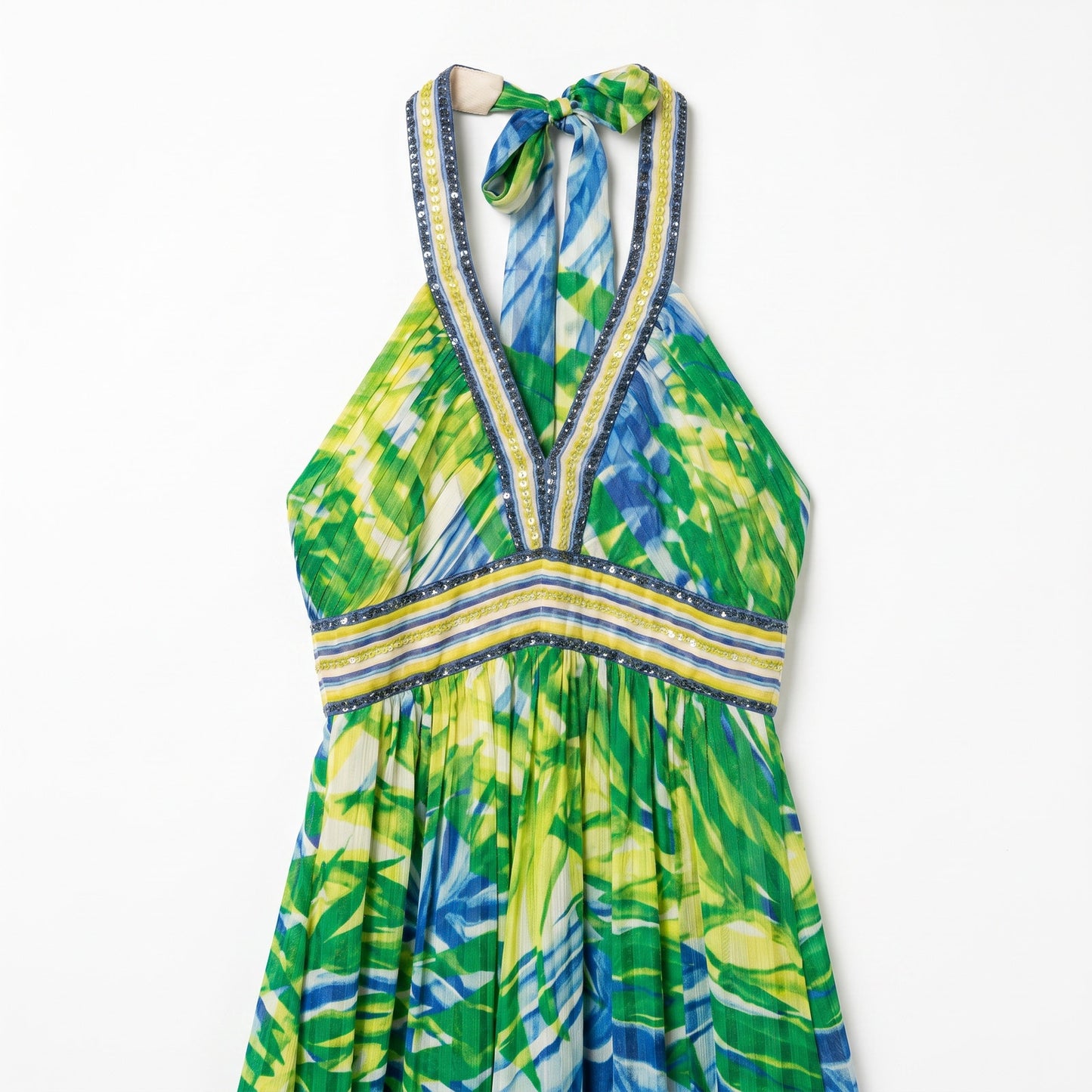 NWT 100% Silk BCBG Max Azria Tropical Print Halter Maxi | Sequin Empire Waist