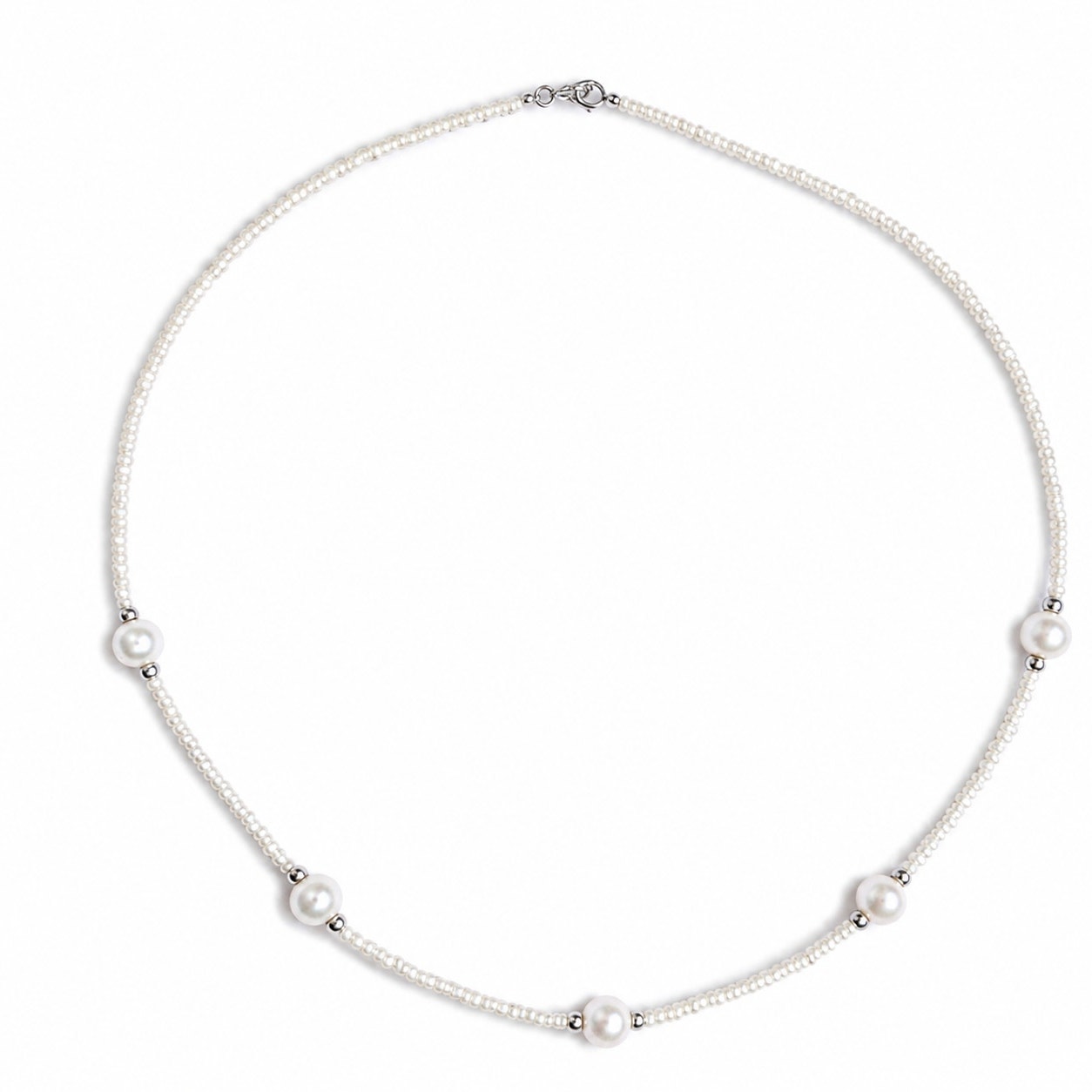 Natural Pearl Station Necklace 925 Sterling Silver 17" White