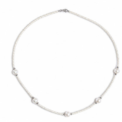 Natural Pearl Station Necklace 925 Sterling Silver 17" White