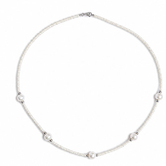 Natural Pearl Station Necklace 925 Sterling Silver 17" White