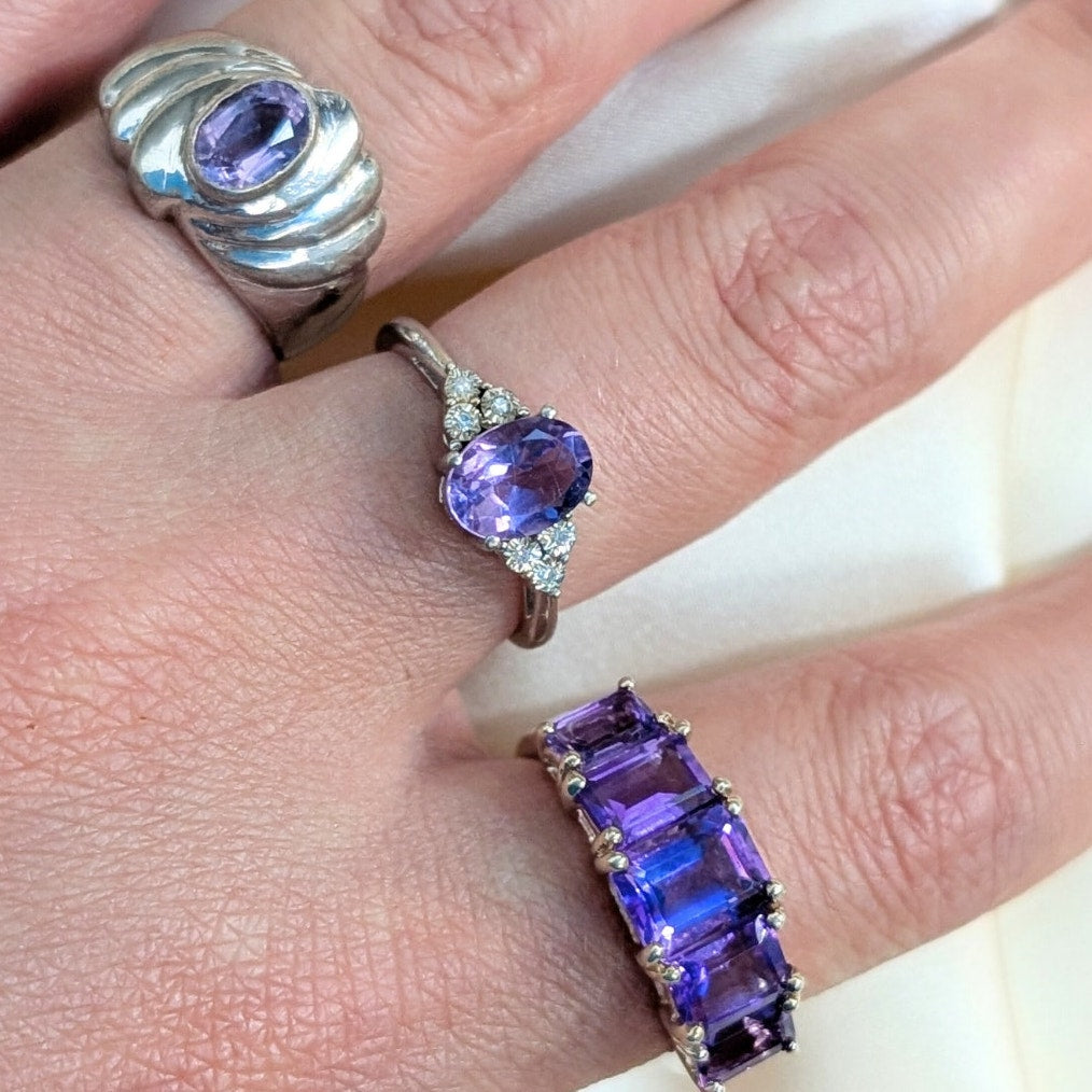 Vintage 925 Sterling Silver Amethyst & Diamond Ring Size 6.75
