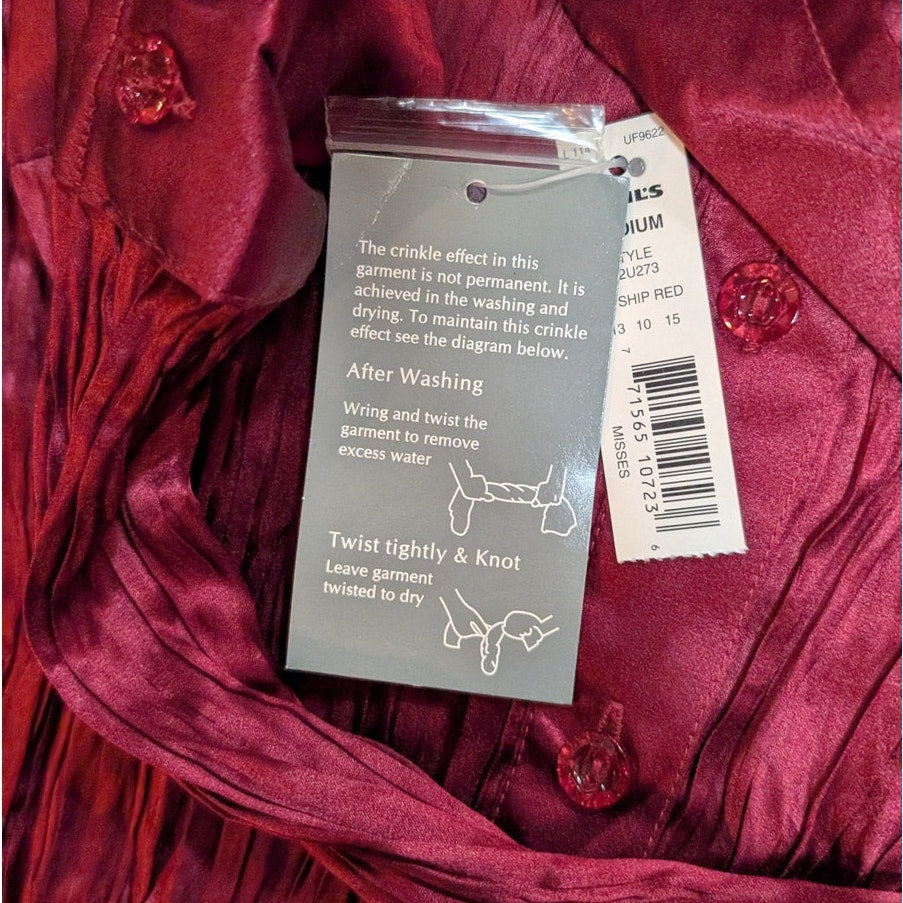 NWT 100% Silk Apt. 9 M Burgundy Wine Crinkle Satin Button-Front Blouse