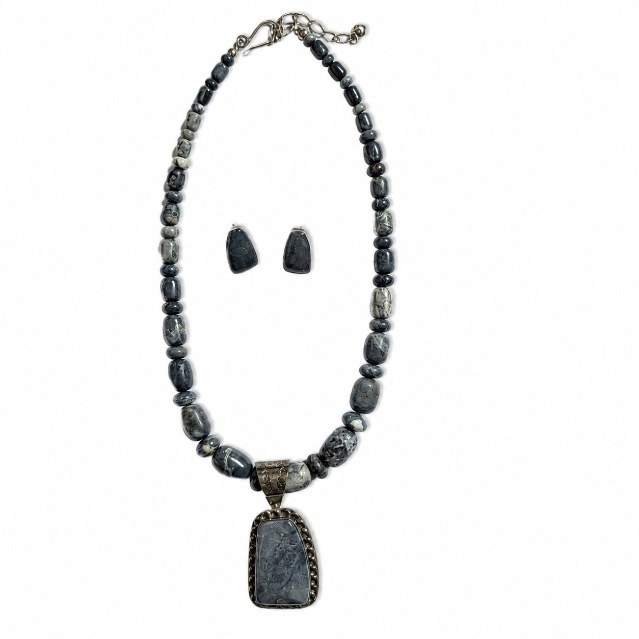 Jay King Gray Jasper Sterling Silver Necklace Earrings Set 925 Pendant