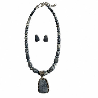 Jay King Gray Jasper Sterling Silver Necklace Earrings Set 925 Pendant