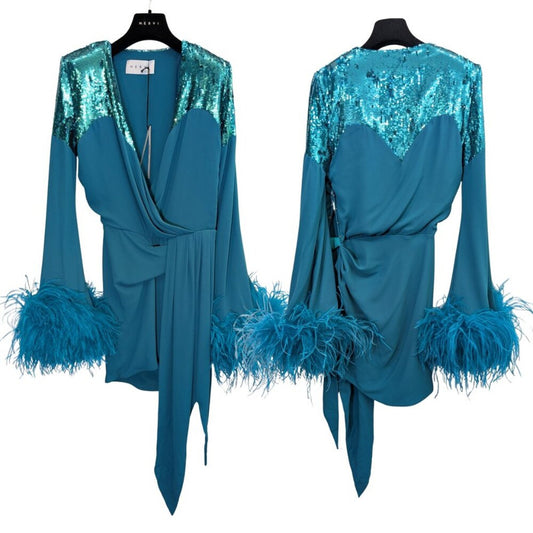 NWT Nervi Pami Dress — Sequin & Ostrich Feather Cuffs — IT 44 / US 8