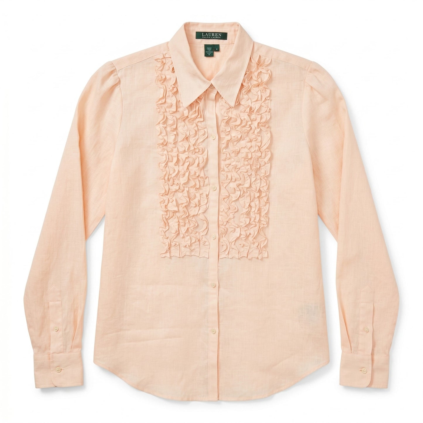 100% Linen Lauren Ralph Lauren M Blush Peach Ruffle-Front Shirt