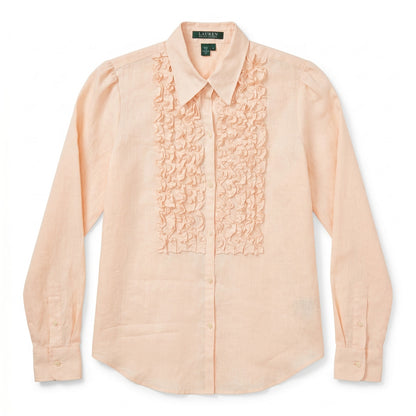 100% Linen Lauren Ralph Lauren M Blush Peach Ruffle-Front Shirt