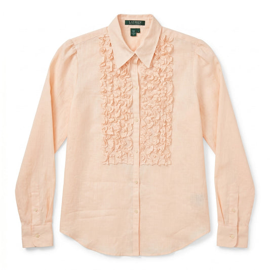 100% Linen Blush Peach Ruffle-Front Blouse Ralph Lauren | M