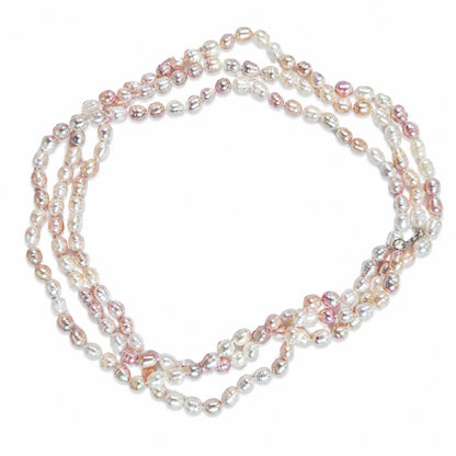 64" Cultured Baroque Pearl Necklace White & Pink 925 Silver Clasp