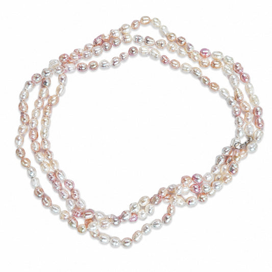 64" Cultured Baroque Pearl Necklace White & Pink 925 Silver Clasp