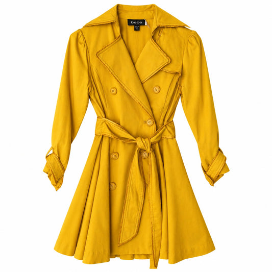 bebe Mustard Yellow Fit and Flare Trench Coat Belted Double Breasted XS