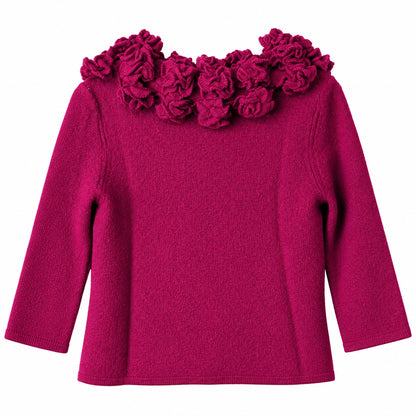 Soft Surroundings Plum Wool Cardigan with Ruffle Rosette Collar, Size XS