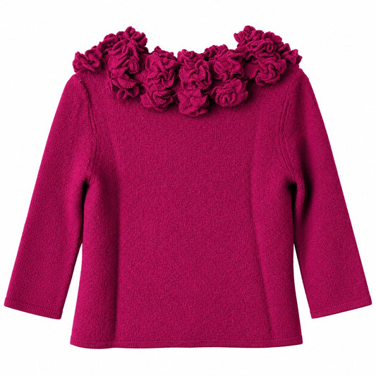 Soft Surroundings Plum Wool Cardigan with Ruffle Rosette Collar, Size XS