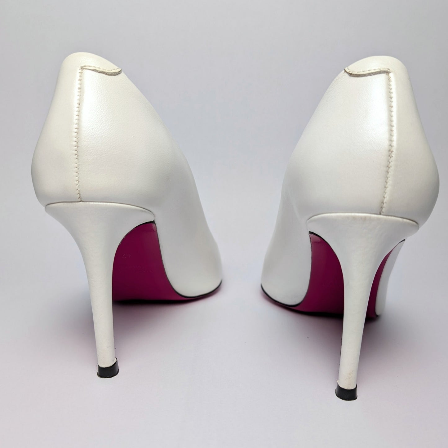 Vinci White Pearly Stiletto Heels with Fuchsia Sole Size 42