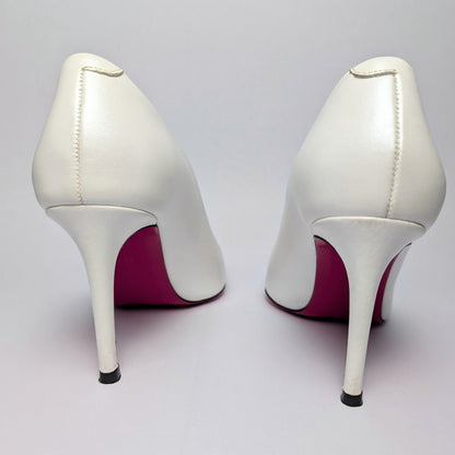 Vinci White Pearly Stiletto Heels with Fuchsia Sole Size 42