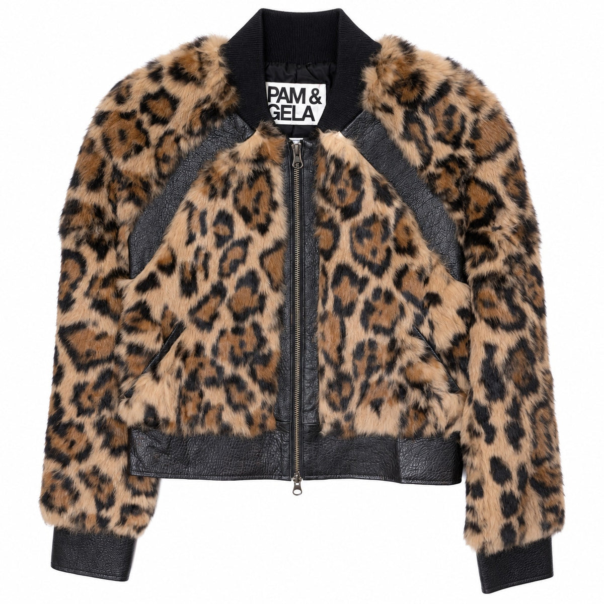 Pam & Gela Genuine Rabbit Fur Leather Leopard Bomber Jacket Size S