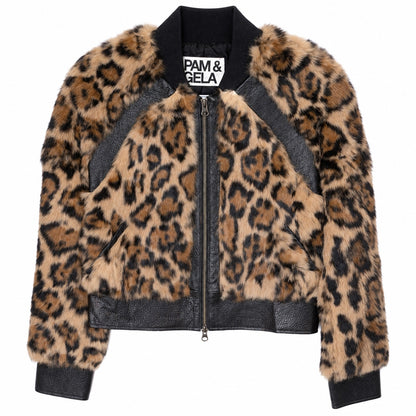Pam & Gela Genuine Rabbit Fur Leather Leopard Bomber Jacket Size S
