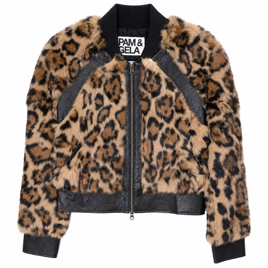 Pam & Gela Genuine Rabbit Fur Leather Leopard Bomber Jacket Size S